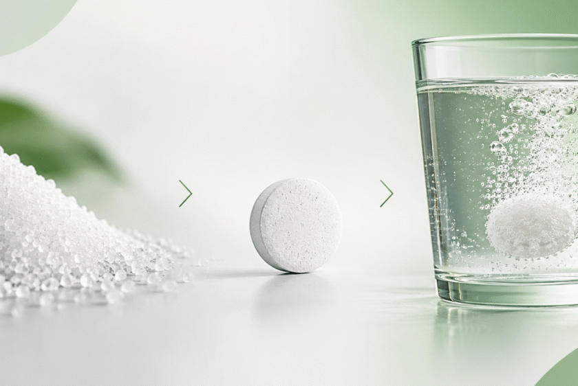 Citric acid granules transforming into an effervescent tablet dissolving in water