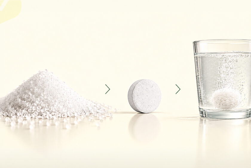 Citric acid granules transforming into an effervescent tablet dissolving in water