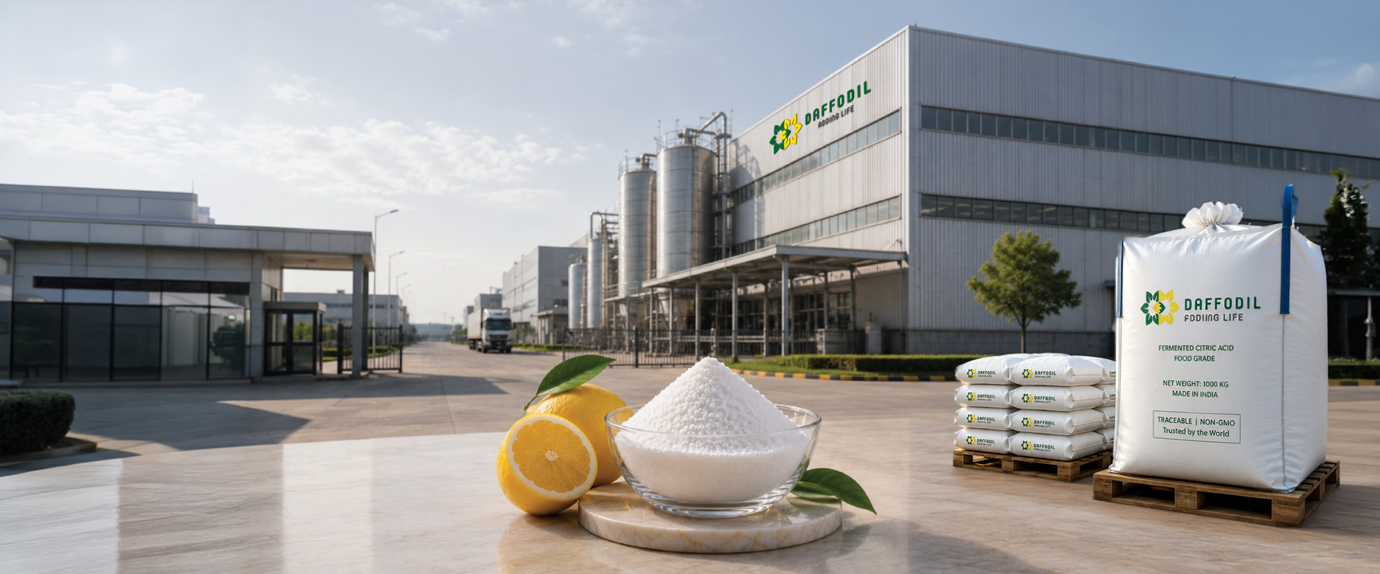 Daffodil fermented citric acid with India-based manufacturing and packaged supply