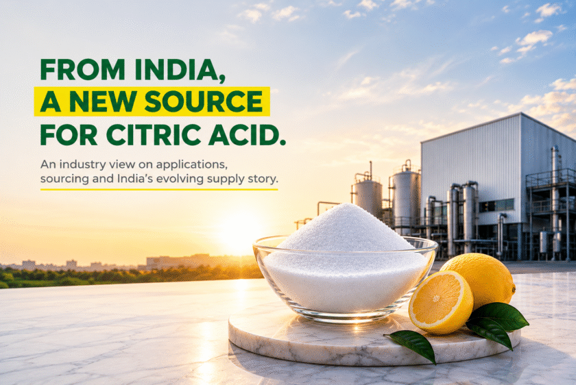 Citric acid from India with citric acid crystals, lemons and chemical manufacturing facility